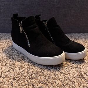Soda Black Suede High-Top Wedge Sneakers